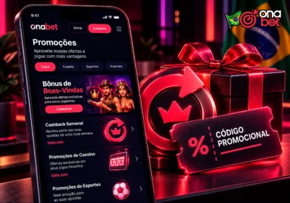 Página de bônus da Onabet com cashback, promoções e cartão de código promocional.