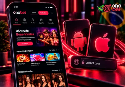 Interface mobile da Onabet com símbolos de Android e iPhone para acesso.